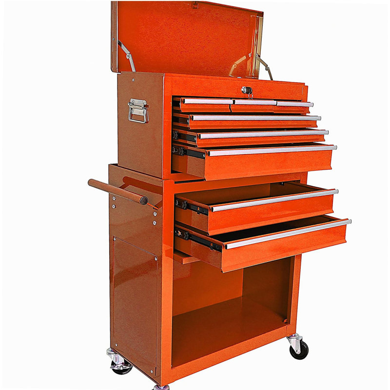 Coffre à outils roulant à grande capacité avec roulettes et tiroirs, armoire de rangement pour outils à 8 tiroirs - Orange