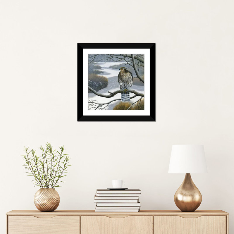 «Hawk in a Tree», impression sur toile, Papier d'art encadré noir, Blanc, H 16 po x l 16 po x P 1 po