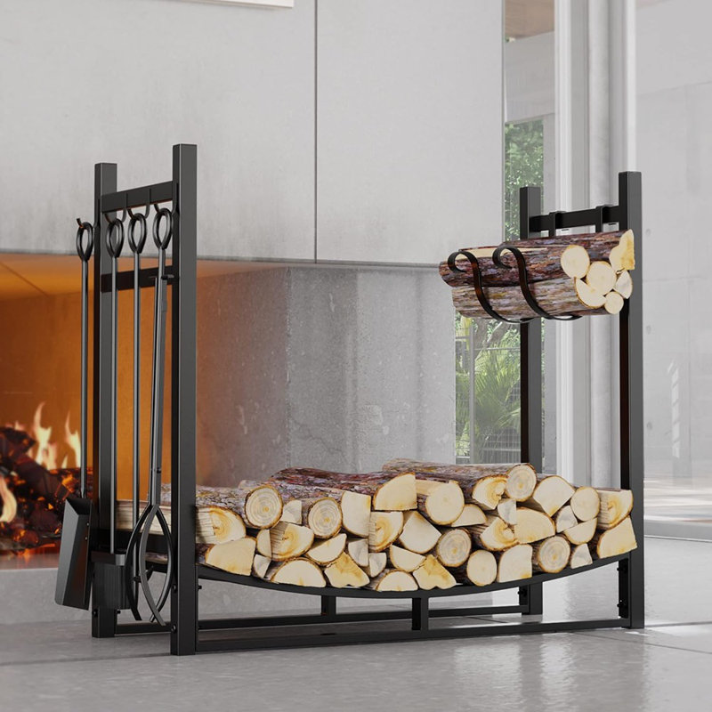 Support à bûches avec support à bois d'allumage et rangement pour bois de chauffage - Comprend 4 outils (19,8 po)