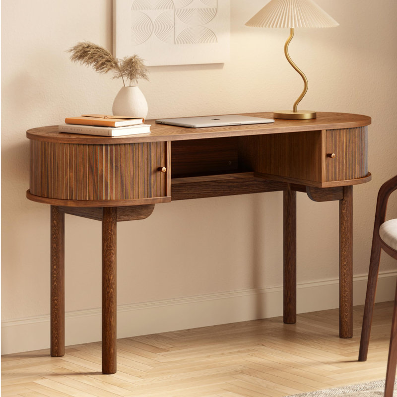  51'' Small Wood Writing Desk and Makeup Vanity Desk with Storage and Sliding Doors - Narrow Computer and Work Table for Home Office, Modern Vanity, Dressing Table for Bedroom (Walnut)
