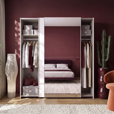Modern Double Door Wardrobe with Floorlength Mirror, Sliding Doors, Engineered Wood, White, 190,1 cm W x190.5 cm H x 61.2 cm D