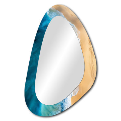 Cius Blue waves aerial Beach Escape IV - Beach Asymmetrical Decorative Mirror, Beige Unique Shape Wall Mirror, Printed Metal Art