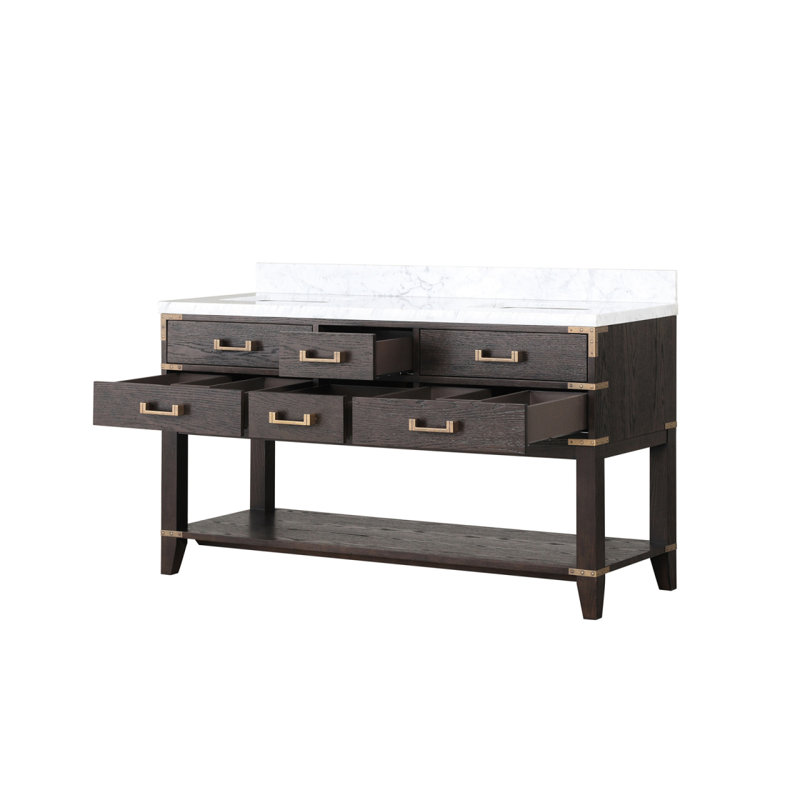 Meuble-lavabo double en chêne brun 60 po X P 22 po D, avec plateau en marbre de Carrare, 60", Chêne brun
