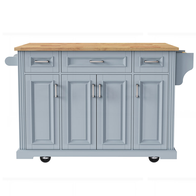 Grand îlot de cuisine 54 pouces avec abattant en bois d'hévéa, Bleu