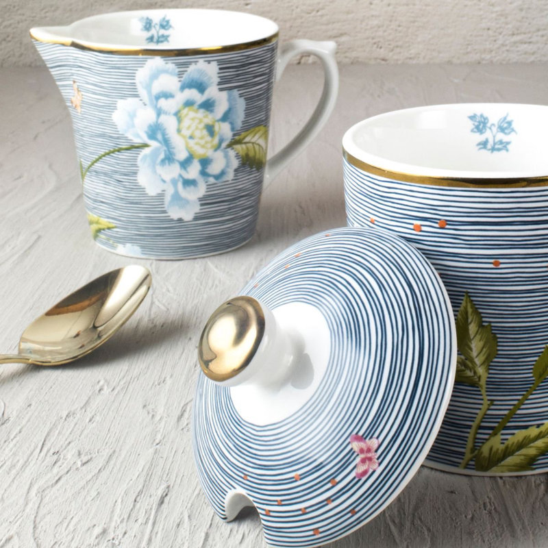 Vintage Blue Floral Porcelain Sugar Bowl and Milk Jug Set