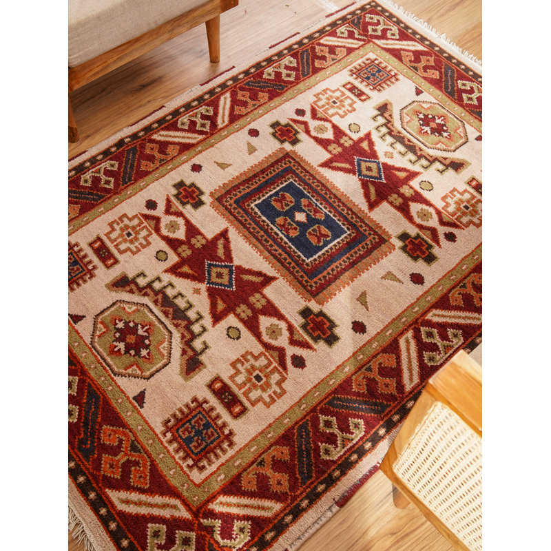 Tapis d'intérieur rectangulaire oriental fait main en soie et laine crème bordeaux, noué à la main, Rectangulaire 3 pi x 5 pi