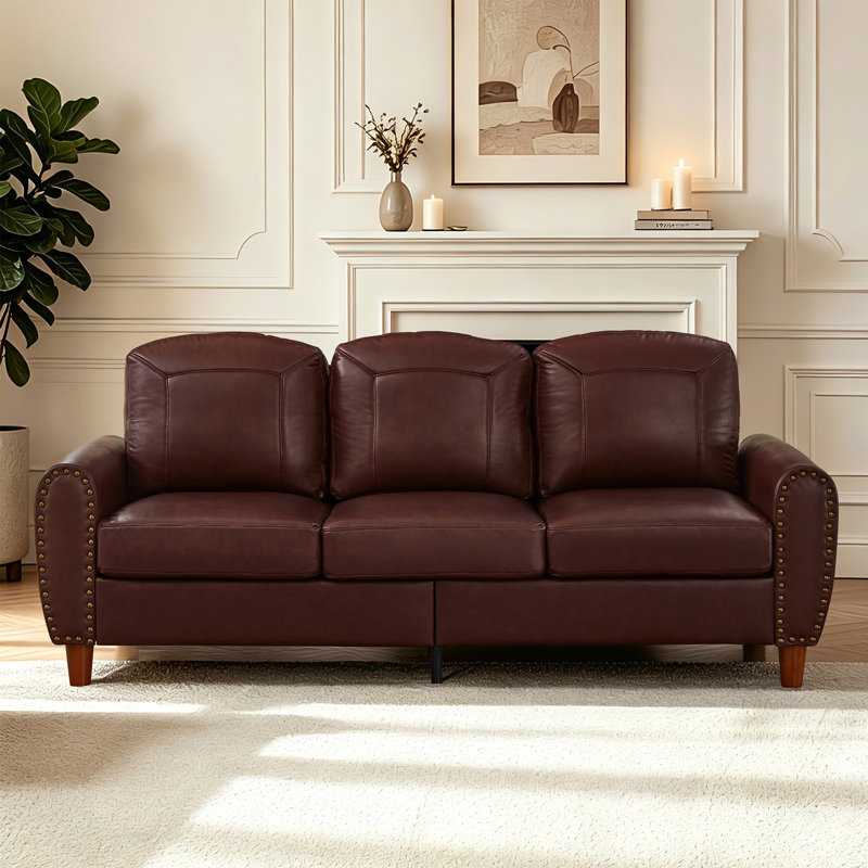 Canapé 3 places rembourré avec accoudoirs roulés et clous, Burgundy Faux Leather