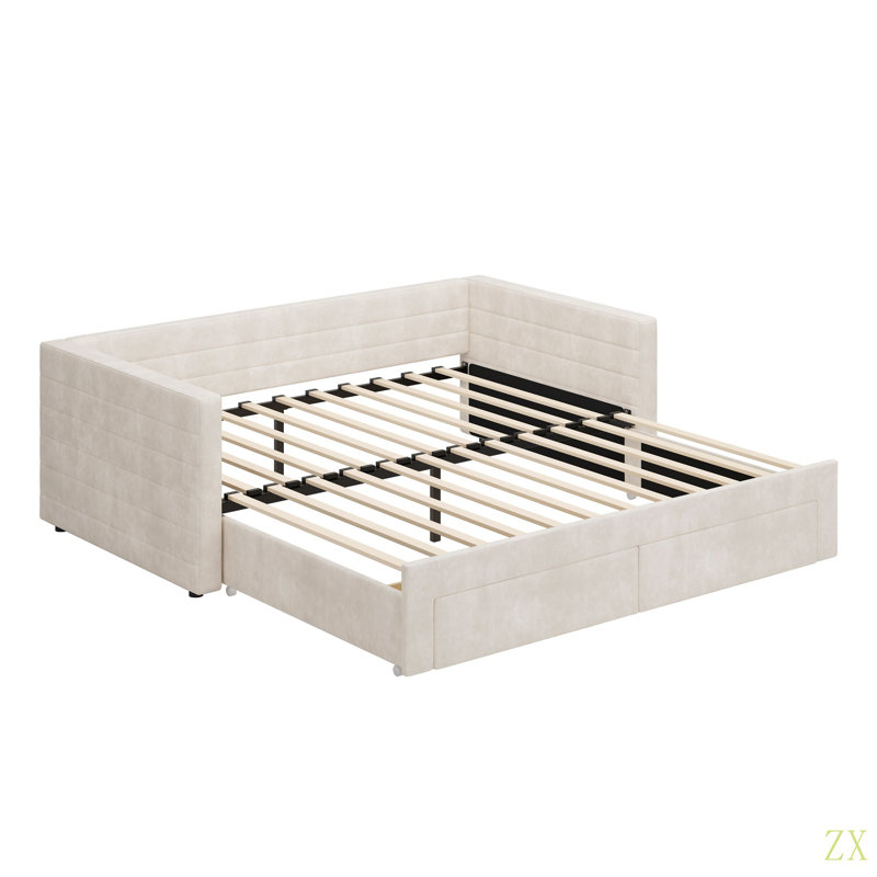 Structure de lit de jour simple rembourré extensible avec lit gigogne, canapé-lit en tissu chenille avec tiroirs de rangement pour le salon
