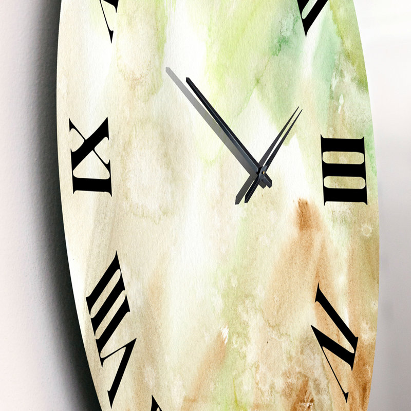 Horloge murale moderne pastel abstraite avec taches vertes, brunes et beiges, Petit