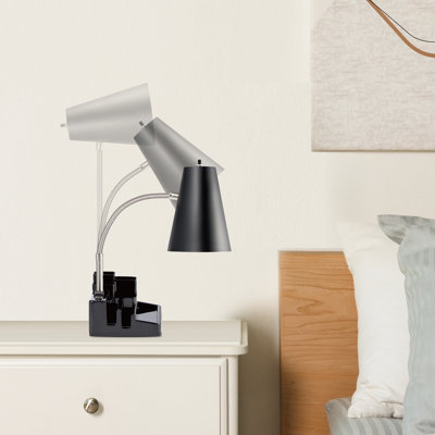  E26 Desk Lamp with 1 USB Charging Port and 1 AC Outlet, Organizer Base, Adjustable Neck, On/Off Switch, Modern Table Lamp for Reading, Working, Studying(Black)