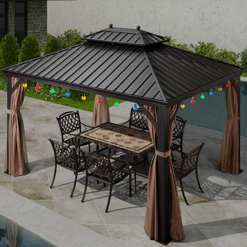 Metal Patio Gazebo with 48 Ft String Lights, 10 ft x 14 ft