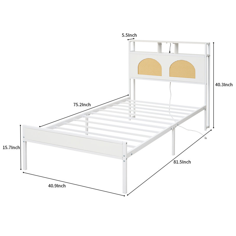 Cadre de lit simple blanc avec tête de lit, station de charge à DEL et à bruit, tête classique à lattes métalliques solides, DEL multifonctionnelle, charge pratique, sous la chambre, lattes, assemblage rapide, sans craquelures,