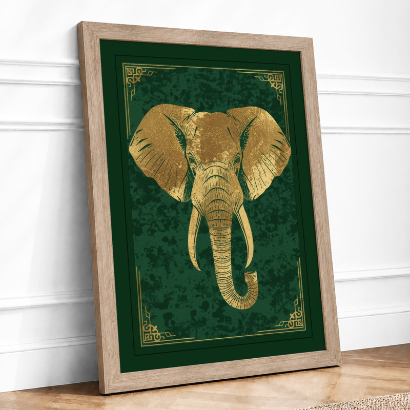 Golden Elephant Head Art Deco - Framed Print, A1 - 84.1 x 59.4 cm, Oak