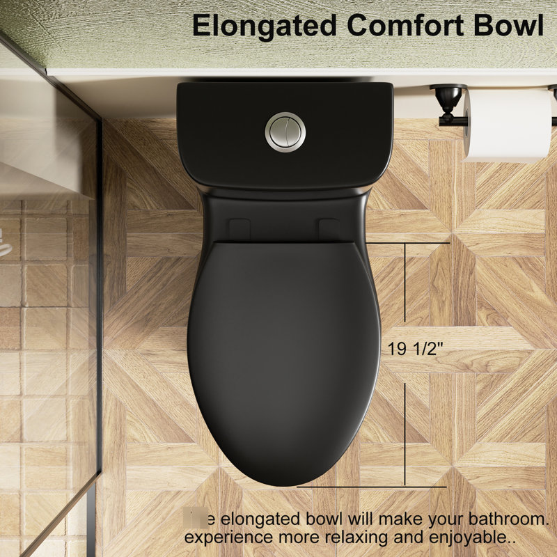 17" Height Toilet With 1.1/1.6 Tornado Flush, 12" Siphonic , Rimless Bowl, Soft-Close Matte Black Seat And 360 All-Around Wash Modern One Height, Bowl Pp