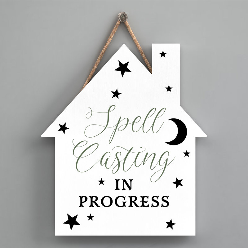 Witch Spell Casting Wooden House Plaque, White