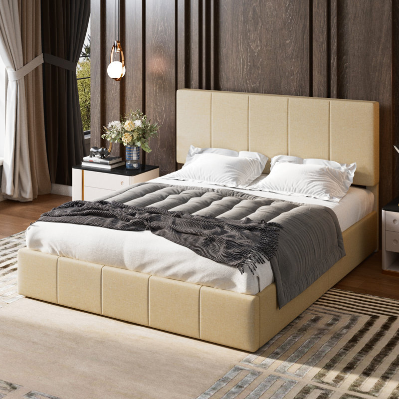 Lit plateforme tapissier hydraulique avec rangement en velours, Grand, Beige Linen