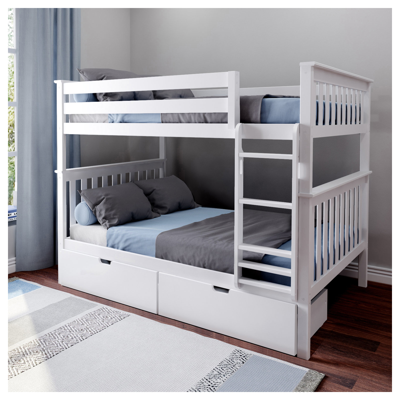 Bolles Kids Bunk Bed with Drawers, White, Twin over Twin