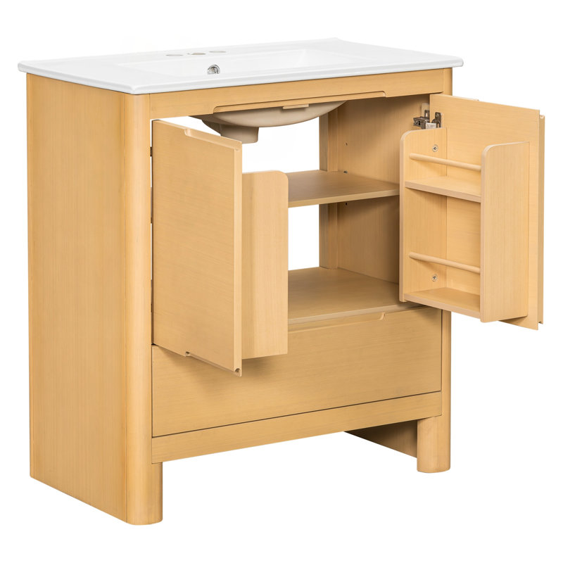 Meuble-lavabo moderne de 30 po avec lavabo en céramique, grain de bois naturel, cadre en bois massif et beaucoup de rangement