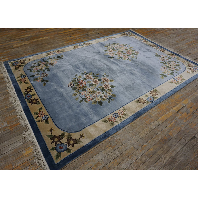 Luxurious Silk Pile Vintage Light Blue Color Chinese Deco Design Rug