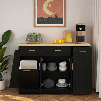 Multi-Functional Storage Sideboard With Sliding Door, Trash Can Compartment, And 3-Tier Spice Rack For Kitchen And Dining Room
