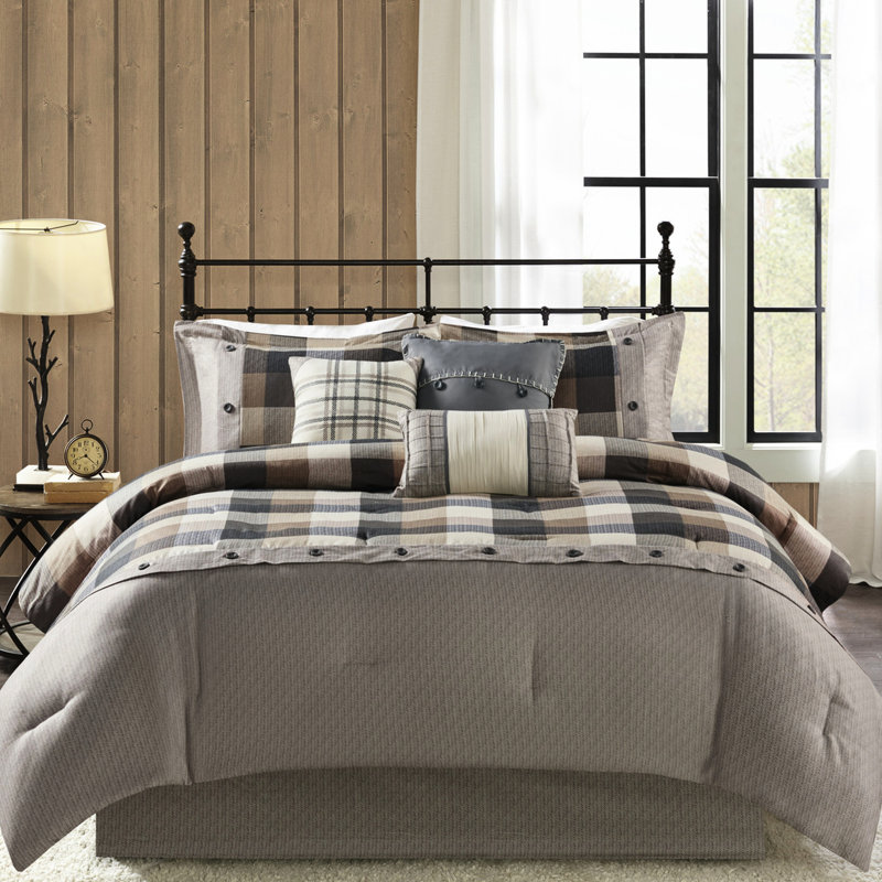 Édredon pour grand lit 7 pièces Ridge - Chevron neutre, tissu écossais Buffalo, lavable à la machine, coussins décoratifs, jupe de lit, tissu à chevrons, rembourrage, comprend édredon, taies décoratives, coussins et