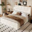 Lit plateforme Queen Size avec tête de lit rembourrée et lampe de lecture, beige-388962072-388962078