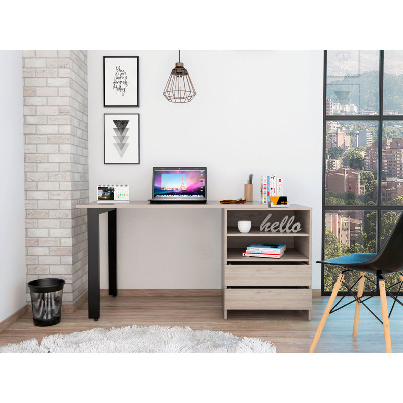 Desk, Two Legs, Two Drawers, Two Shelves -Light Gray