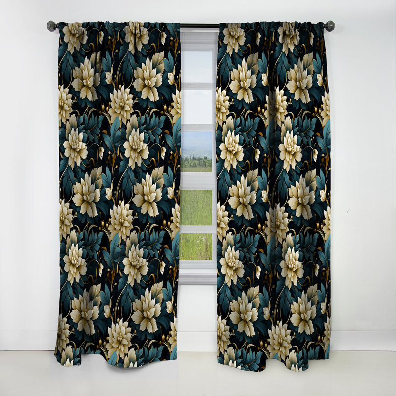 Opulence de fleur de damas noir et beige II - rideau occultant - 1 panneau, L 52 po x L 108 po