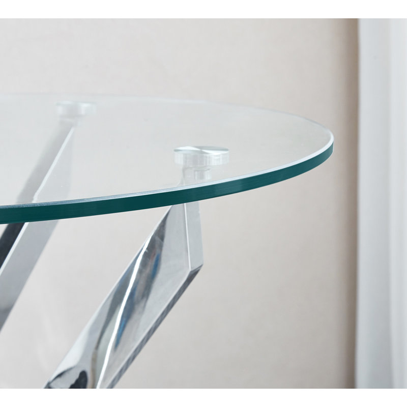 Table de bout moderne en verre trempé avec pieds en acier inoxydable, Argent argent