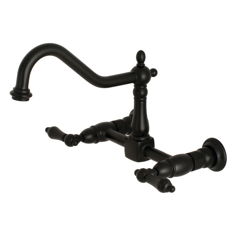 Kingston Brass Heritage Double-Handle 2-Hole Wall-Mount Bridge Kitchen Faucet, Matte Black
