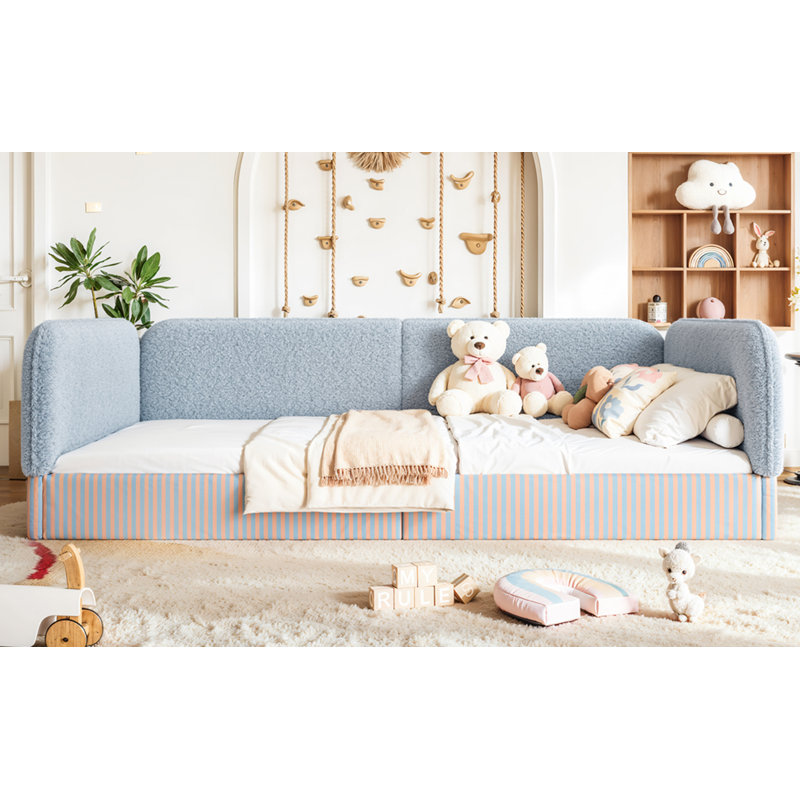 Structure de lit grand rembourré en polaire Teddy, Queen, Blue