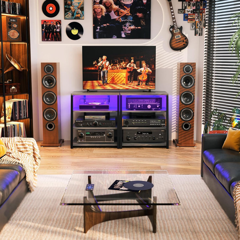 AV Media Stand With Outlets, Media Console With LED Lights, Stereo Racks And Stands With Storage Shelves, Media Audio Tower Stand