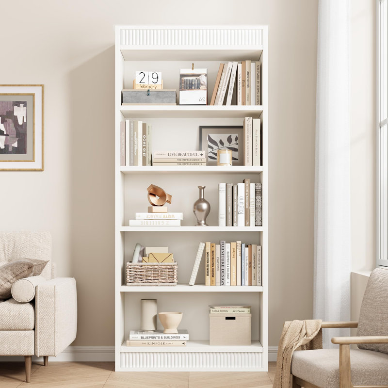71" Farmhouse Bookcase with Double Fluted Design, 5-Tier Wooden Bookshelf for Living Room or Office, White