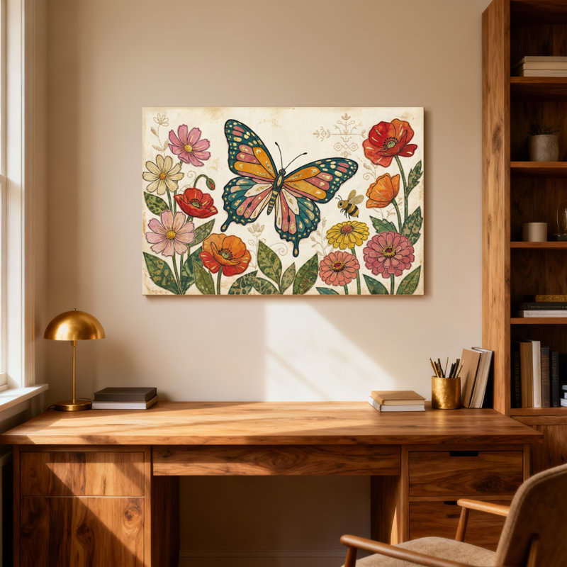 Animaux, papillon, fleurs, abeilles, motif, toile, art rétro, H 12 po x l 18 po