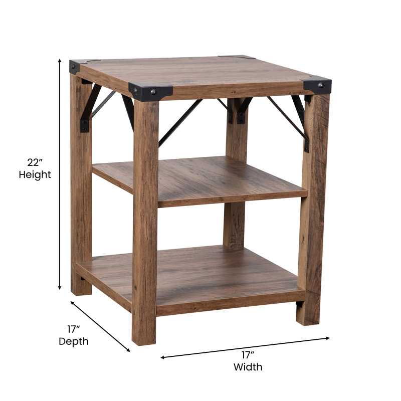 3-Tier Side Table With Metal Side Braces And Corner Caps, Rustic Oak