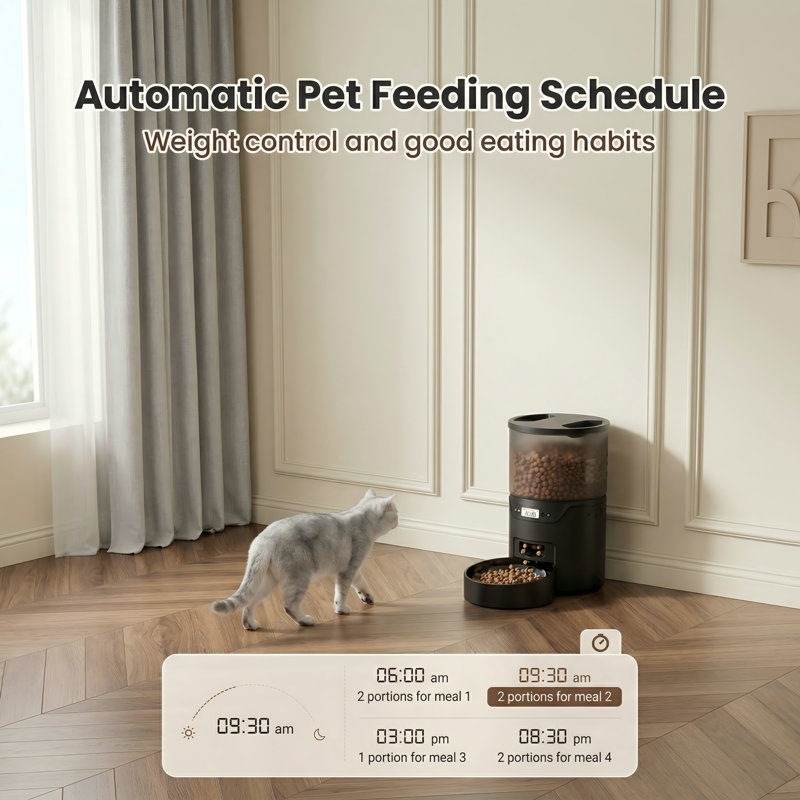Dispositif d'alimentation automatique pour animaux de compagnie pour félins: distributeur de 3 L avec minuterie, 6 repas quotidiens programmables, réglage fin de 1 à 20 portions, nettoyage et installation simples pour les chats d'intérieur, comprend un emballage absorbant l'humidité pour préserver la fraîcheur des croquettes