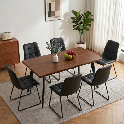 Devault 7-Piece Extendable Dining Set, Walnut-Effect Mdf Table With Metal Legs And 6 Tufted Pu Chairs, Seats 6 People