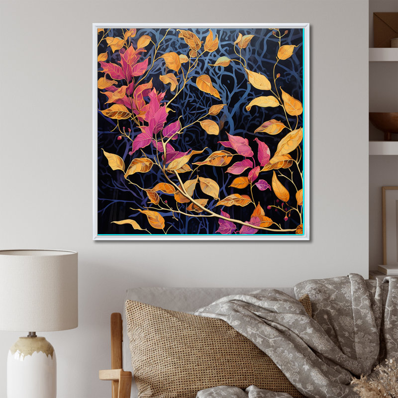 «Gold and Pink Leaf Charm In Winter I», reproduction sur toile, Cadre flottant blanc, H 36 po x l 36 po x P 1,5 po