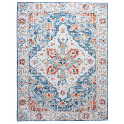 Modern Distressed Heriz Machine Washable Area Rug with Built-in Padding and Non-Slip Backing