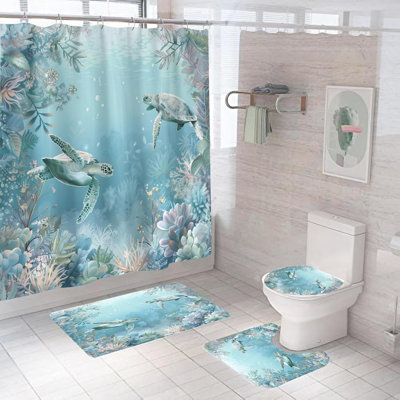 Underwater Sea Turtle Bathroom Mat Kit, 4 Pack, Teal