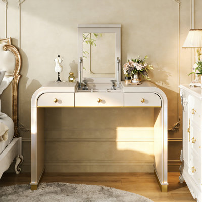 Classic Wood Vanity Desk with Flip Mirror, 3-in-1 Dressing Table with 2 Drawers and Storage Space for Bedroom, Champagne