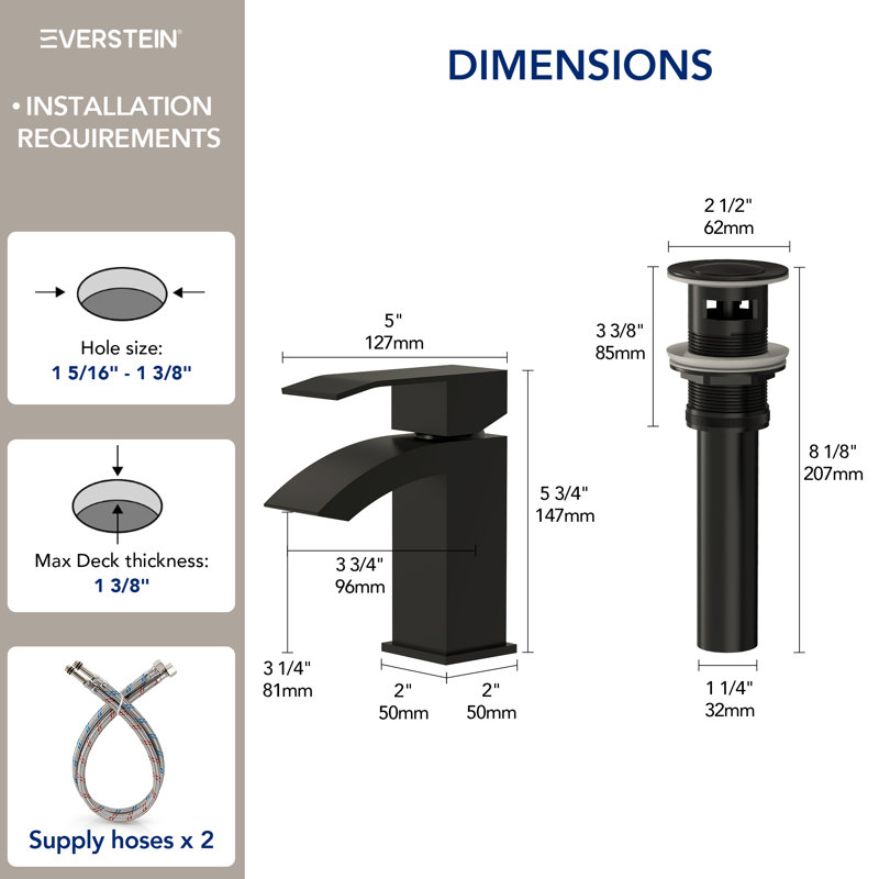 Waterfall Single Hole Bathroom Faucet, Single Handle Sink Faucet with Drain Assembly, Matte Black