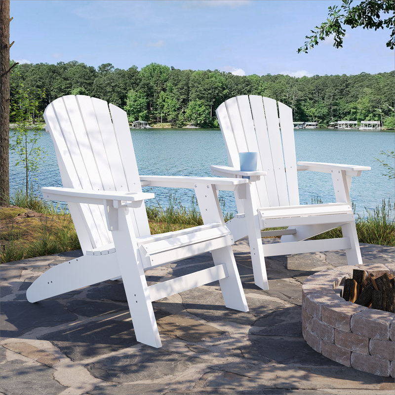 Chaise Adirondack robuste en polyéthylène haute densité pour la piscine, le patio et le jardin avec dossier incurvé, Blanc