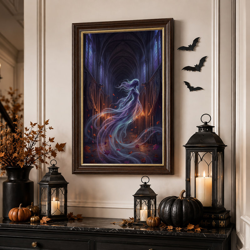 Femme fantomatique dans une cathédrale gothique, toile murale d'Halloween, 24"H x 16"W