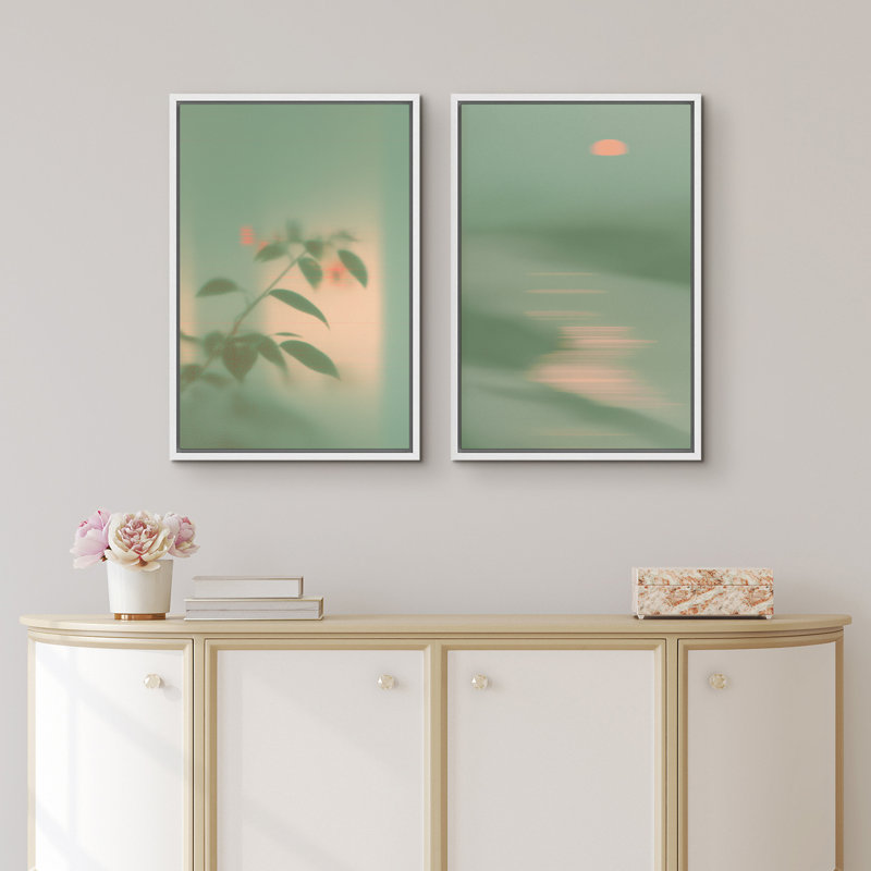 «Minimalist Green Toned Nature & Sunset Duo Art», reproduction d'art sur toile encadrée 2 pièces, Cadre flottant blanc