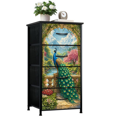 Commode pour chambre à coucher avec 4 tiroirs de rangement Spring Decor Peacock Garden Scenic Mountains Blossoming Trees Commodes