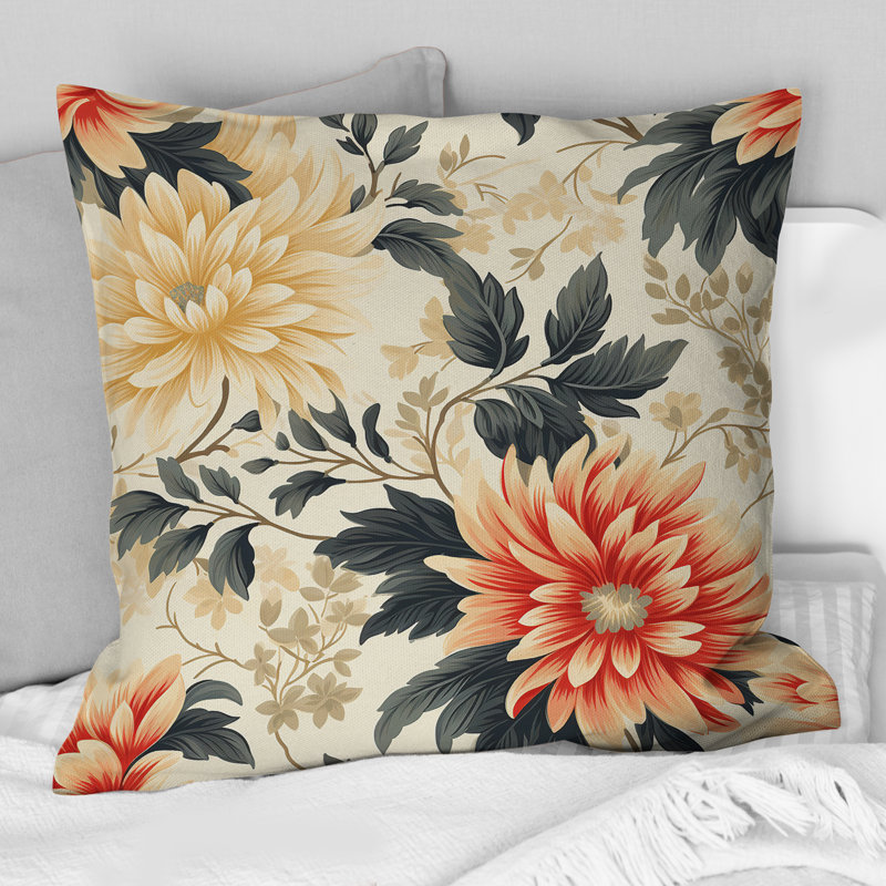 Coussin décoratif rétro vert et beige Dahlia - imprimé floral, H 16 po x l 16 po