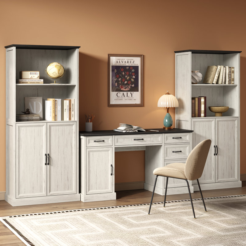 Hailiey 2-Piece Office Set, Writing Desk and Bookcase with Adjustable Shelf,Executive Desk with Drawers, White/Gray