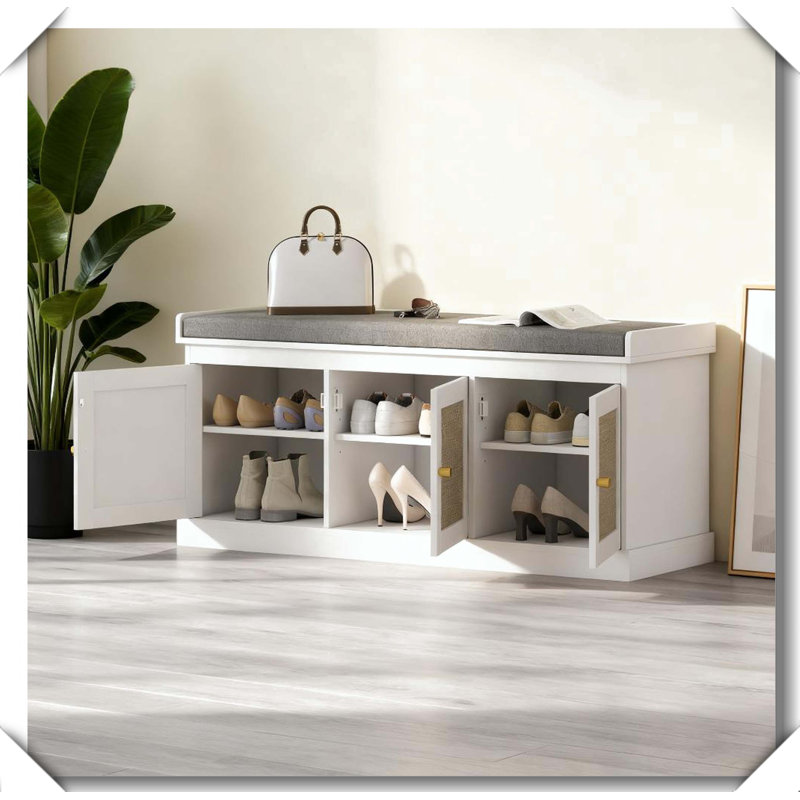 Shoe Storage Bench Rattan Cushion Stable Robust Hallway Seating, Gray and White