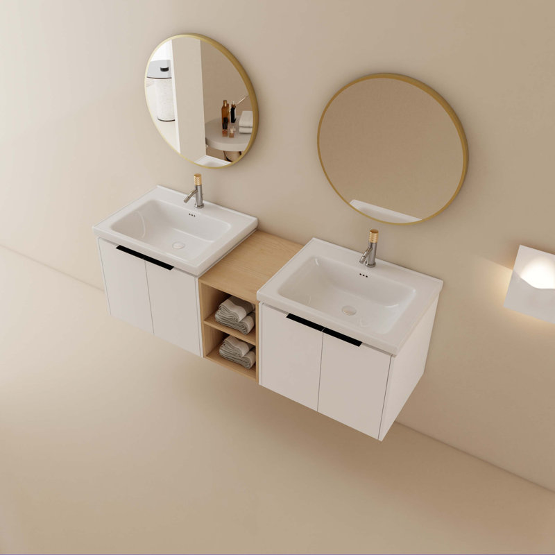 Meuble-lavabo à fermeture en douceur avec lavabo et petites tablettes de rangement